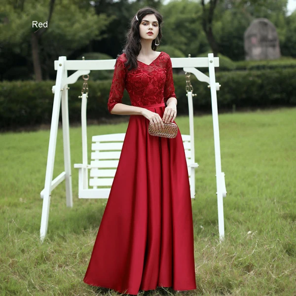 Affordable Satin Bridesmaid Dresses 2021 A-Line / Princess V-Neck 1/2 Sleeves Appliques Lace Sash Backless Floor-Length / Long Ruffle