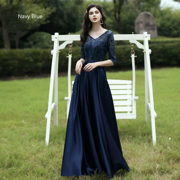 Affordable Satin Bridesmaid Dresses 2021 A-Line / Princess V-Neck 1/2 Sleeves Appliques Lace Sash Backless Floor-Length / Long Ruffle
