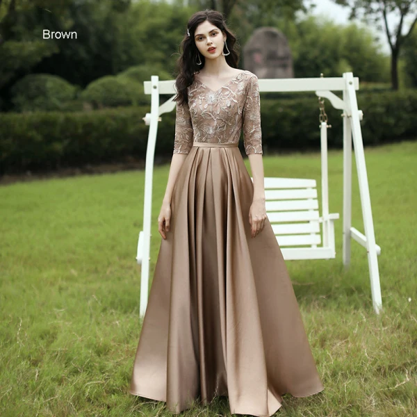 Affordable Satin Bridesmaid Dresses 2021 A-Line / Princess V-Neck 1/2 Sleeves Appliques Lace Sash Backless Floor-Length / Long Ruffle
