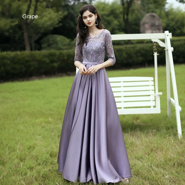 Affordable Satin Bridesmaid Dresses 2021 A-Line / Princess V-Neck 1/2 Sleeves Appliques Lace Sash Backless Floor-Length / Long Ruffle