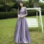 Affordable Satin Bridesmaid Dresses 2021 A-Line / Princess V-Neck 1/2 Sleeves Appliques Lace Sash Backless Floor-Length / Long Ruffle