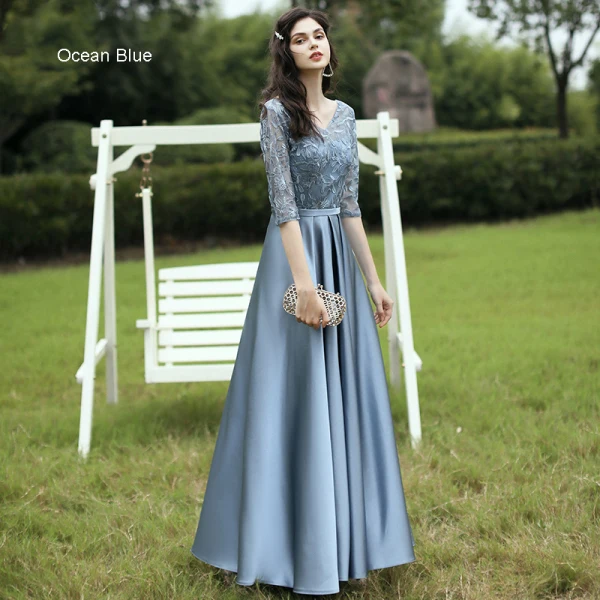 Affordable Satin Bridesmaid Dresses 2021 A-Line / Princess V-Neck 1/2 Sleeves Appliques Lace Sash Backless Floor-Length / Long Ruffle