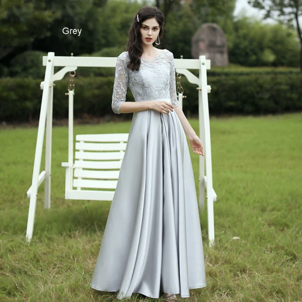 Affordable Satin Bridesmaid Dresses 2021 A-Line / Princess V-Neck 1/2 Sleeves Appliques Lace Sash Backless Floor-Length / Long Ruffle