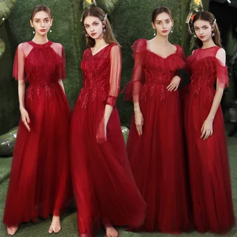 Affordable Burgundy Bridesmaid Dresses 2021 A Line Princess Backless Appliques Lace Sequins Floor Length Long Ruffle