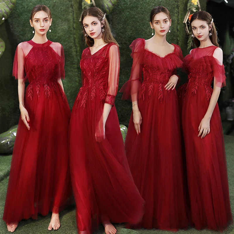 Affordable Burgundy Bridesmaid Dresses 2021 A-Line Princess Backless Appliques Lace Long