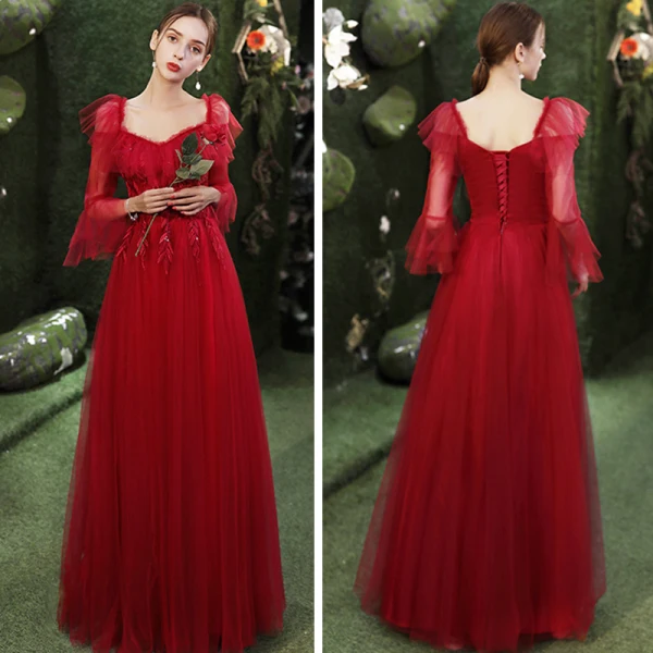 Affordable Burgundy Bridesmaid Dresses 2021 A-Line / Princess Backless Appliques Lace Sequins Floor-Length / Long Ruffle