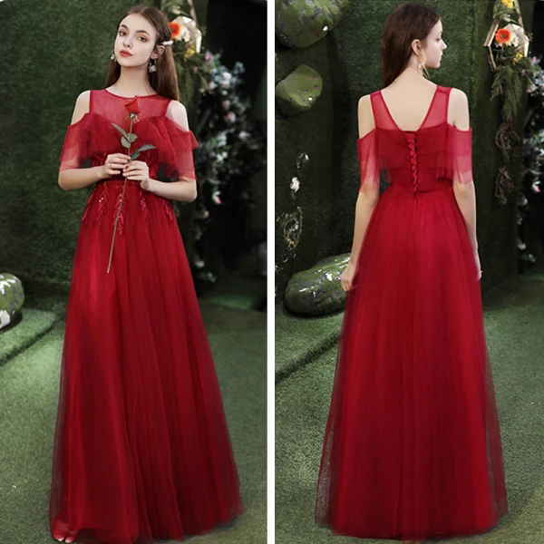 Affordable Burgundy Bridesmaid Dresses 2021 A-Line / Princess Backless Appliques Lace Sequins Floor-Length / Long Ruffle
