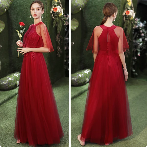 Affordable Burgundy Bridesmaid Dresses 2021 A-Line / Princess Backless Appliques Lace Sequins Floor-Length / Long Ruffle