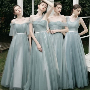 Affordable Green Bridesmaid Dresses 2021 A Line Princess Backless Sash Floor Length Long Ruffle