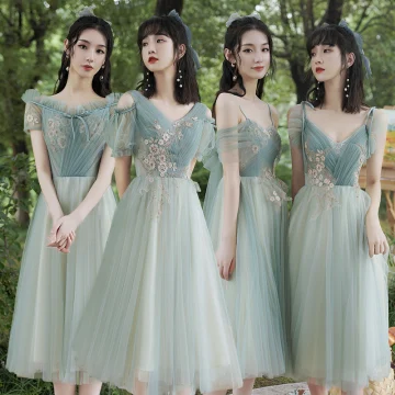 Abordable Vert Robe Demoiselle D Honneur 2021 Princesse Dos Nu Appliques En Dentelle Thé Longueur Volants
