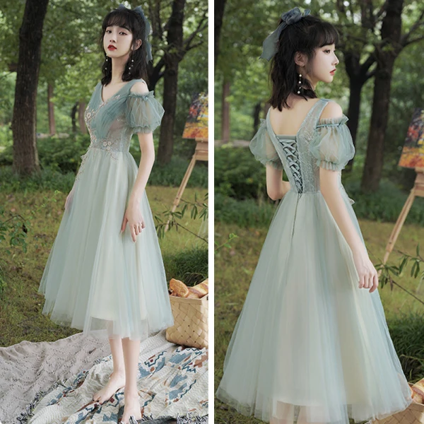 Abordable Vert Robe Demoiselle D'honneur 2021 Princesse Dos Nu Appliques En Dentelle Thé Longueur Volants