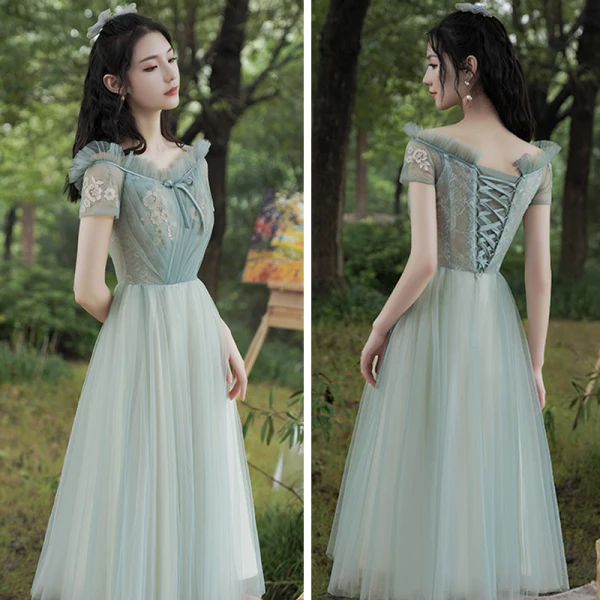 Abordable Vert Robe Demoiselle D'honneur 2021 Princesse Dos Nu Appliques En Dentelle Thé Longueur Volants