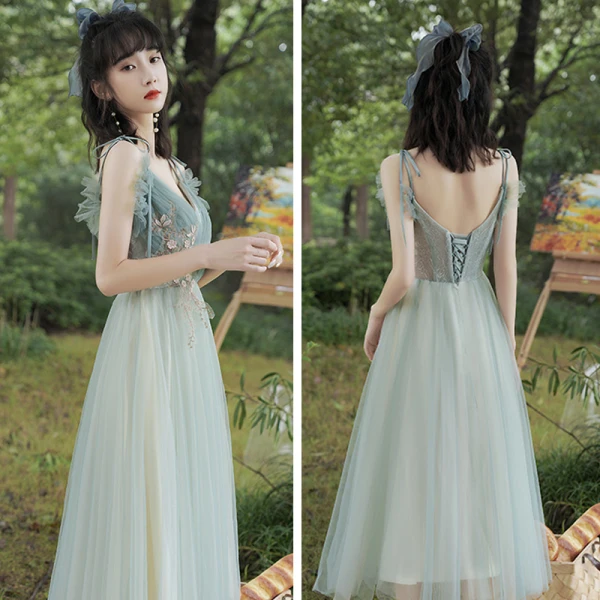 Abordable Vert Robe Demoiselle D'honneur 2021 Princesse Dos Nu Appliques En Dentelle Thé Longueur Volants