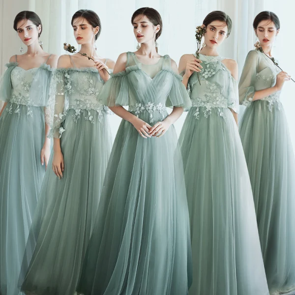 Rimelig Grønn Gjennomsiktig Brudepikekjoler 2021 Prinsesse Ryggløse Appliques Blonder Lange Buste