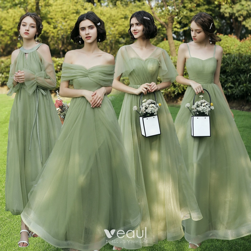 Modest / Simple Sage Green Bridesmaid Dresses 2021 A-Line / Princess Backless Floor-Length / Long Ruffle Modest / Simple Sage Green Bridesmaid Dresses 2021 A-Line / Princess Backless Floor-Length / Long Ruffle