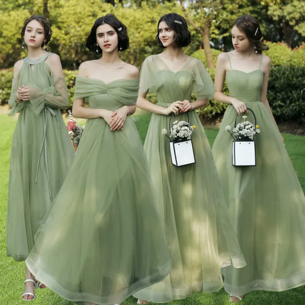 Sencillos Verde Salvia Vestidos De Damas De Honor 2021 A-Line / Princess Sin Espalda Largos Ruffle