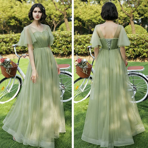 Modest / Simple Sage Green Bridesmaid Dresses 2021 A-Line / Princess Backless Floor-Length / Long Ruffle