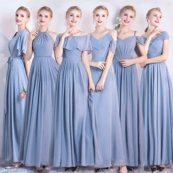 Modest Simple Sky Blue Chiffon Bridesmaid Dresses 2021 A Line Princess Backless Floor Length Long Ruffle
