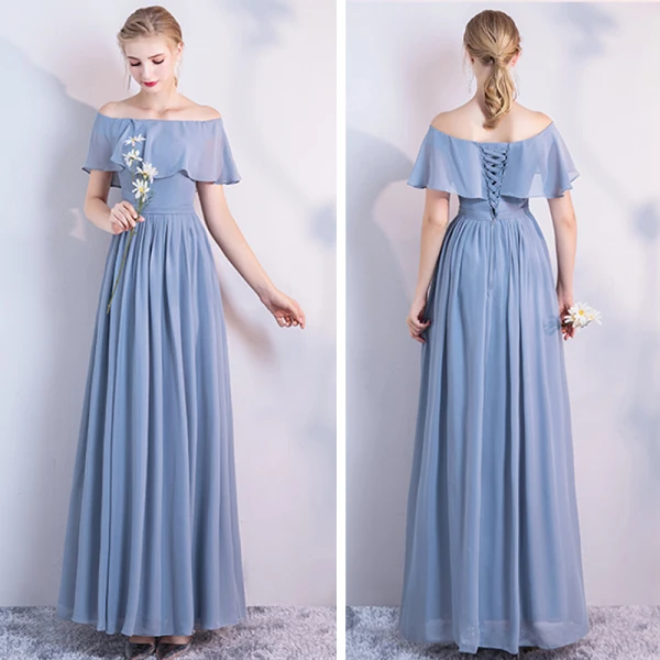 Enkel Himmelen Blå Chiffon Brudepikekjoler 2021 Prinsesse Ryggløse Lange Buste