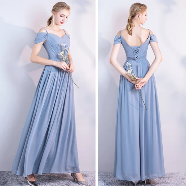 Enkel Himmelen Blå Chiffon Brudepikekjoler 2021 Prinsesse Ryggløse Lange Buste