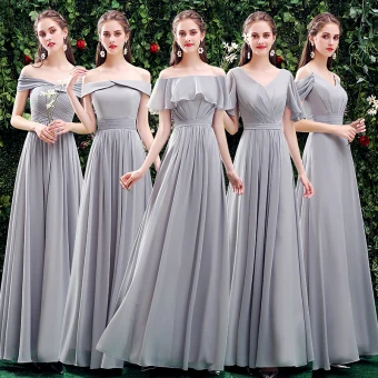 Simple Gris Chiffon Robe Demoiselle D Honneur 2021 Princesse Manches Courtes Dos Nu Longue Volants