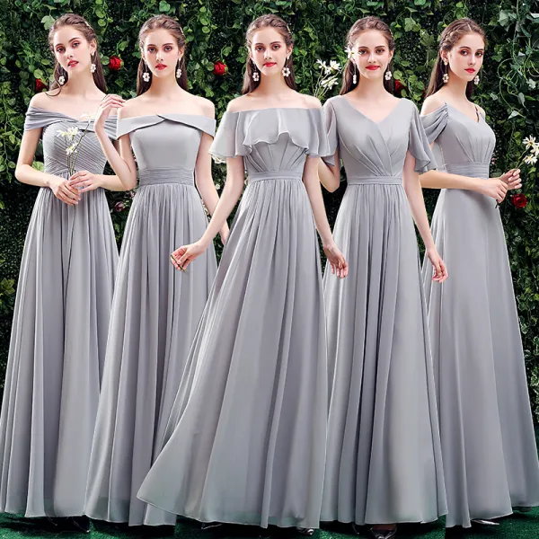 Modest / Simple Grey Chiffon Bridesmaid Dresses 2021 A-Line / Princess Short Sleeve Backless Floor-Length / Long Ruffle