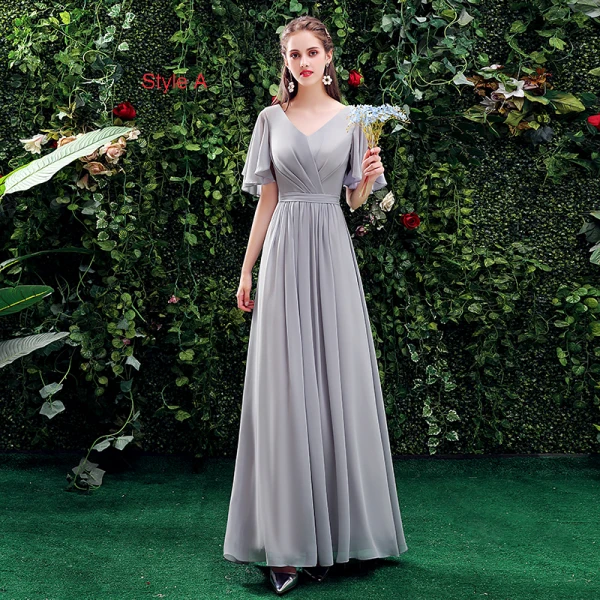 Modest Simple Grey Chiffon Bridesmaid Dresses 2021 A-Line Princess Short Sleeve Backless