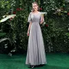 Modest / Simple Grey Chiffon Bridesmaid Dresses 2021 A-Line / Princess Short Sleeve Backless Floor-Length / Long Ruffle