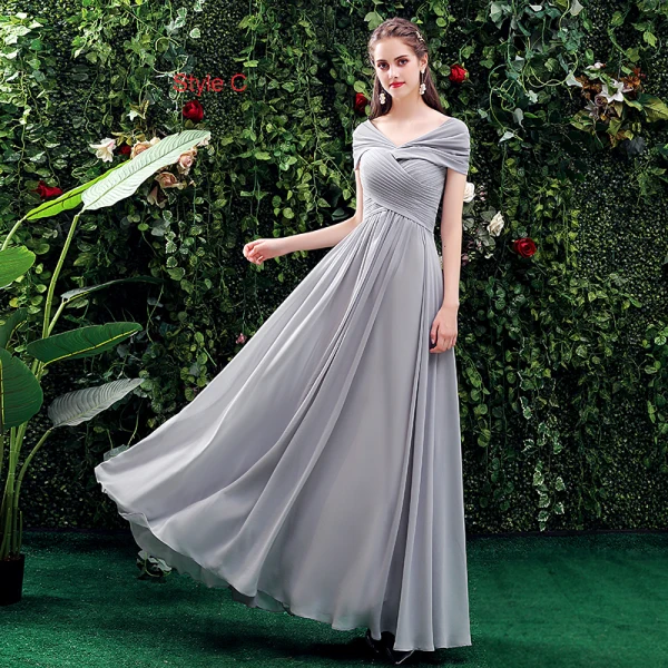 Enkel Grå Chiffon Brudepikekjoler 2021 Prinsesse Korte Ermer Ryggløse Lange Buste