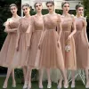 Affordable Brown Bridesmaid Dresses 2021 A-Line / Princess Short Sleeve Backless Sash Tea-length Ruffle