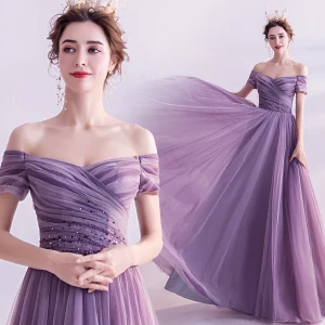 Chic Belle Grape Robe De Bal 2021 Princesse De L 039 Épaule Manches Courtes Perlage Train De Balayage Volants Dos Nu Robe De Ceremonie