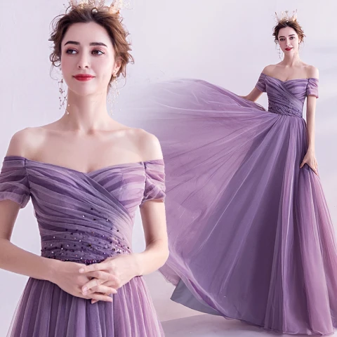 Schöne Traube Ballkleider 2021 A Linie Off Shoulder Kurze Ärmel Perlenstickerei Sweep / Pinsel Zug Rüschen Rückenfreies Festliche Kleider