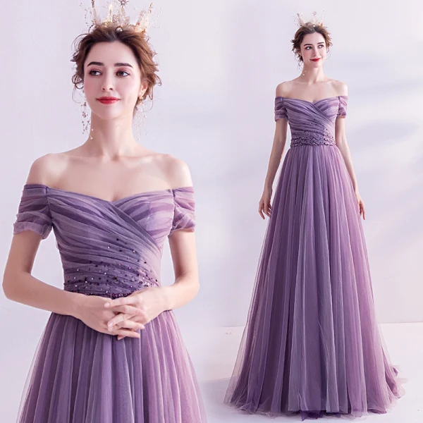 Chic / Belle Grape Robe De Bal 2021 Princesse De l'épaule Manches Courtes Perlage Train De Balayage Volants Dos Nu Robe De Ceremonie