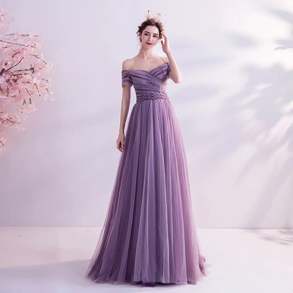 Chic / Belle Grape Robe De Bal 2021 Princesse De l'épaule Manches Courtes Perlage Train De Balayage Volants Dos Nu Robe De Ceremonie