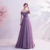 Chic / Beautiful Grape Prom Dresses 2021 A-Line / Princess Off-The-Shoulder Short Sleeve Beading Sweep Train Ruffle Backless Formal Dresses