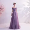 Chic / Beautiful Grape Prom Dresses 2021 A-Line / Princess Off-The-Shoulder Short Sleeve Beading Sweep Train Ruffle Backless Formal Dresses