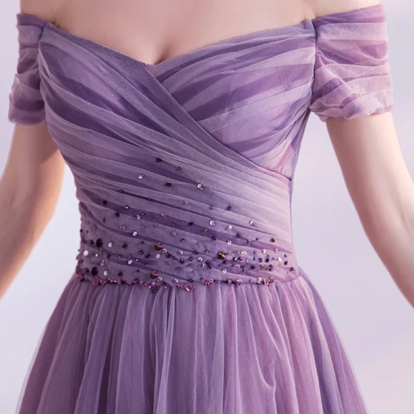 Chic / Belle Grape Robe De Bal 2021 Princesse De l'épaule Manches Courtes Perlage Train De Balayage Volants Dos Nu Robe De Ceremonie