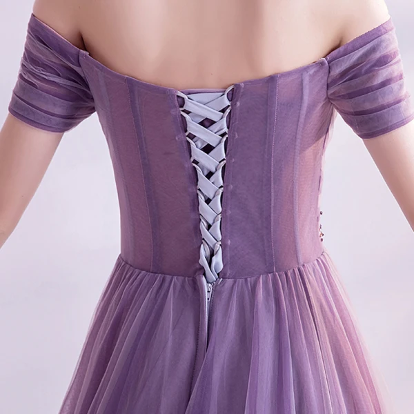 Chic / Belle Grape Robe De Bal 2021 Princesse De l'épaule Manches Courtes Perlage Train De Balayage Volants Dos Nu Robe De Ceremonie