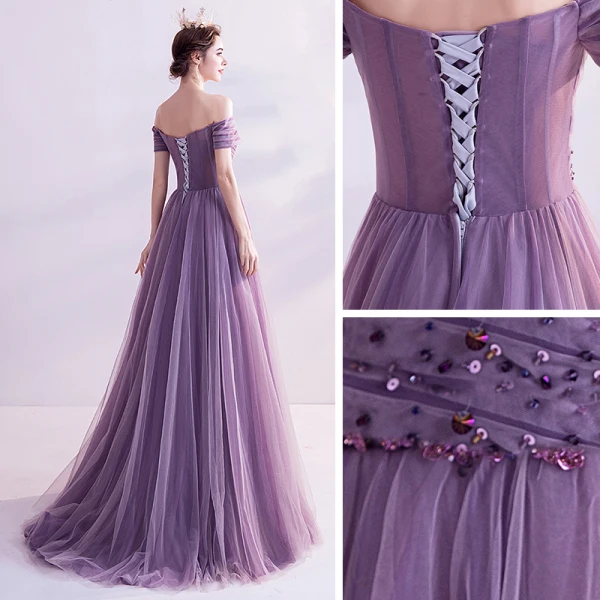 Chic / Belle Grape Robe De Bal 2021 Princesse De l'épaule Manches Courtes Perlage Train De Balayage Volants Dos Nu Robe De Ceremonie