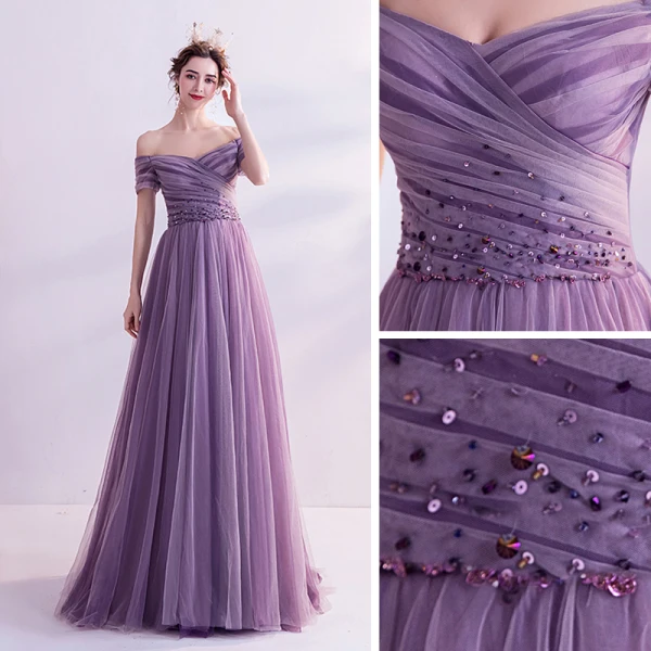 Chic / Belle Grape Robe De Bal 2021 Princesse De l'épaule Manches Courtes Perlage Train De Balayage Volants Dos Nu Robe De Ceremonie