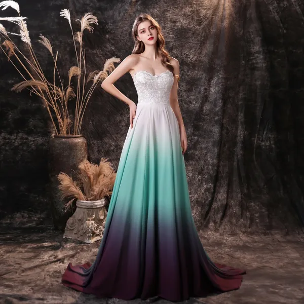Amazing / Unique Multi-Colors Chiffon Prom Dresses 2021 A-Line / Princess Sweetheart Sleeveless Appliques Lace Sweep Train Ruffle Backless Formal Dresses