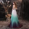Fantastiske / Unike Multi-Farger Chiffon Ballkjoler 2021 Prinsesse Kjæreste Uten Ermer Appliques Blonder Feie Tog Buste Ryggløse Formelle Kjoler