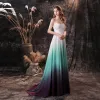 Fantastiske / Unike Multi-Farger Chiffon Ballkjoler 2021 Prinsesse Kjæreste Uten Ermer Appliques Blonder Feie Tog Buste Ryggløse Formelle Kjoler