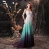 Fantastiske / Unike Multi-Farger Chiffon Ballkjoler 2021 Prinsesse Kjæreste Uten Ermer Appliques Blonder Feie Tog Buste Ryggløse Formelle Kjoler