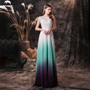 Mode Multi Couleurs Chiffon Transparentes Dansant Robe De Bal 2021 Princesse Encolure Dégagée Sans Manches Appliques En Dentelle Longue Volants Dos Nu Robe De Ceremonie