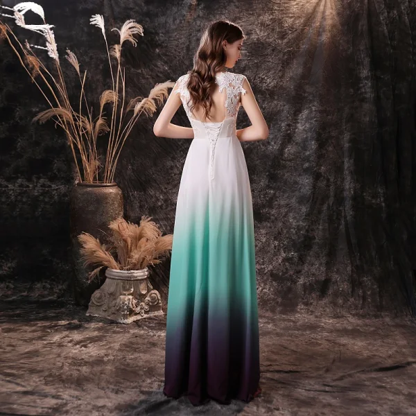 Mode Multi-Couleurs Chiffon Transparentes Dansant Robe De Bal 2021 Princesse Encolure Dégagée Sans Manches Appliques En Dentelle Longue Volants Dos Nu Robe De Ceremonie