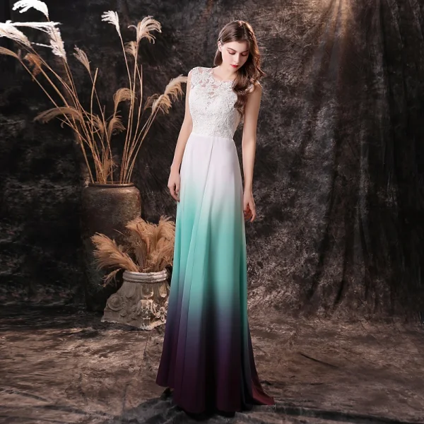 Mode Multi-Couleurs Chiffon Transparentes Dansant Robe De Bal 2021 Princesse Encolure Dégagée Sans Manches Appliques En Dentelle Longue Volants Dos Nu Robe De Ceremonie