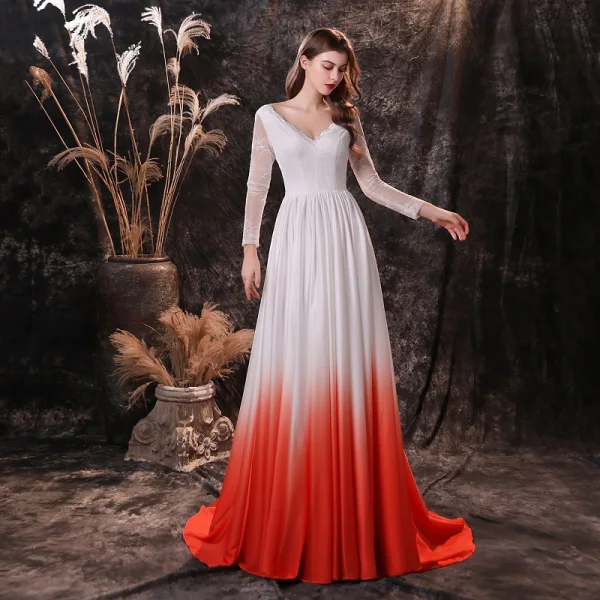 Two Tone White Red Satin Evening Dresses 2021 A-Line / Princess V-Neck Long Sleeve Sweep Train Ruffle Formal Dresses