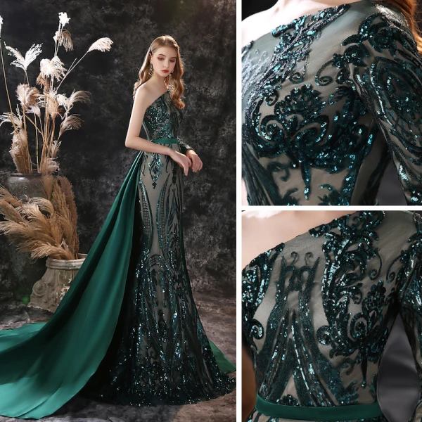 Scintillantes Vert Foncé Satin Tapis rouge Robe De Soirée 2021 Trompette / Sirène Une épaule Manches Longues Ceinture Paillettes Tribunal Train Volants Dos Nu Robe De Ceremonie