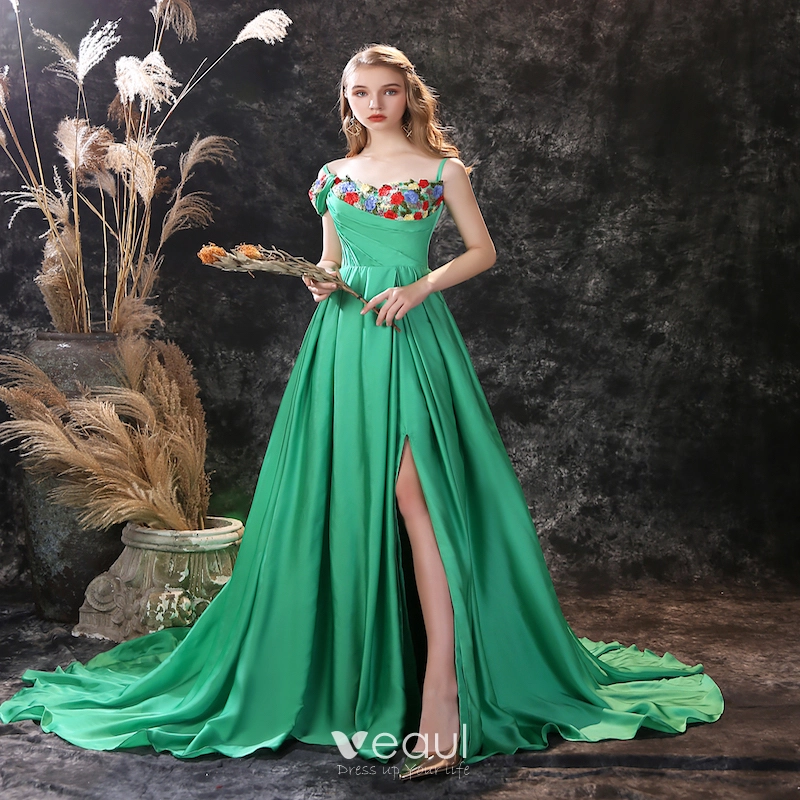 Fashion Green Satin Prom Dresses 2021 A-Line / Princess Spaghetti Straps  Sleeveless Flower Appliques Lace Split Front Court Train Backless Formal  Dresses